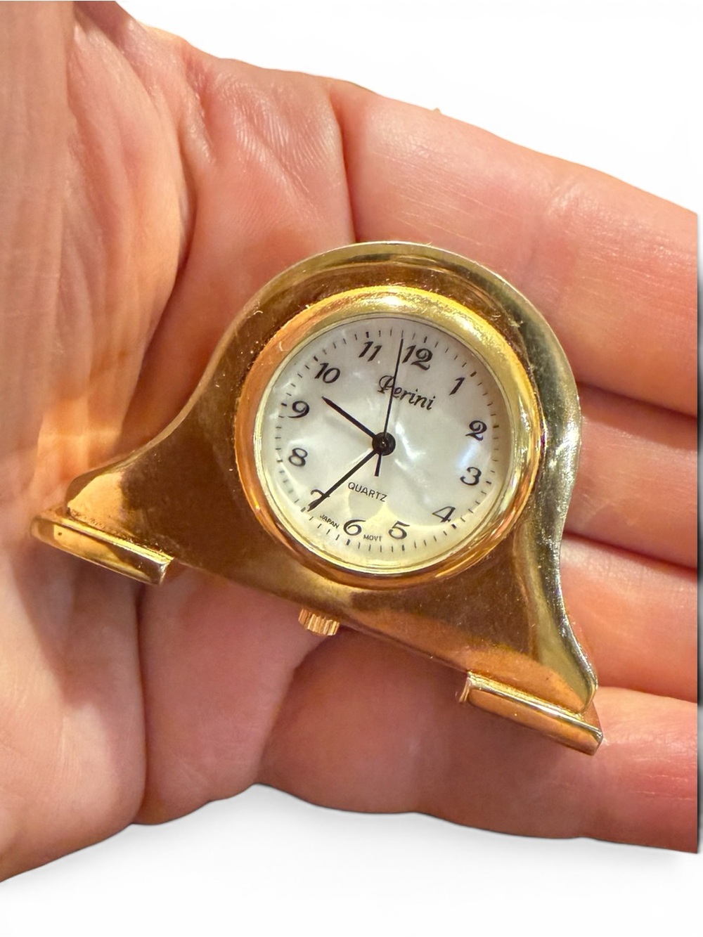 Vintage Perini Mini Desk Clock Gold Tone Quartz Paperweight Decor